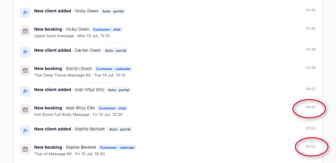 Primrose Thai Spa's activity feed, showing overnight bookings at 01:52 and 04:01 with client names redacted.