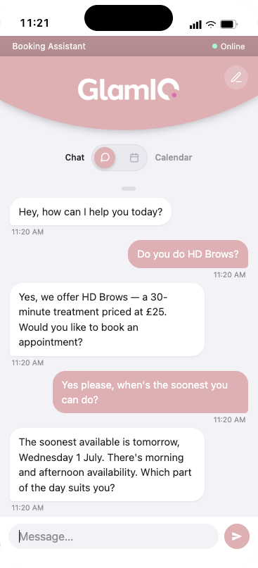 The GlamIQ booking app on a phone, mid-conversation about an HD Brows appointment