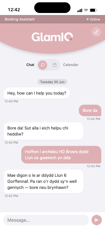 The GlamIQ booking app holding a booking conversation in Welsh